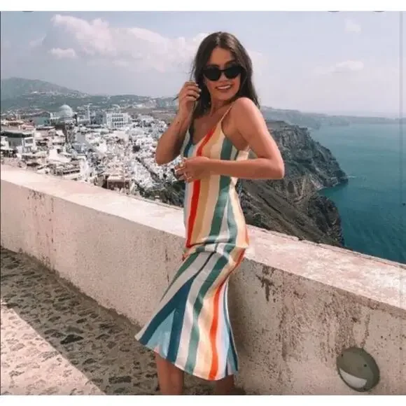 Reformation Rainbow Midi Dress 2 XS Striped V-neck spaghetti strap multicolor - Picture 5 of 11
